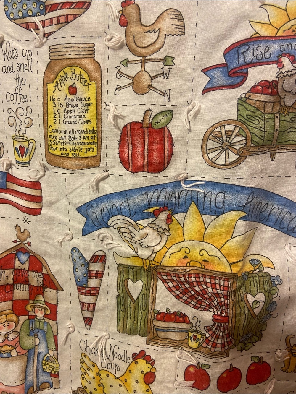 Hand Crafted Cream Quilt with Blue Border and Multicolor Country Print - Picture 2 of 7